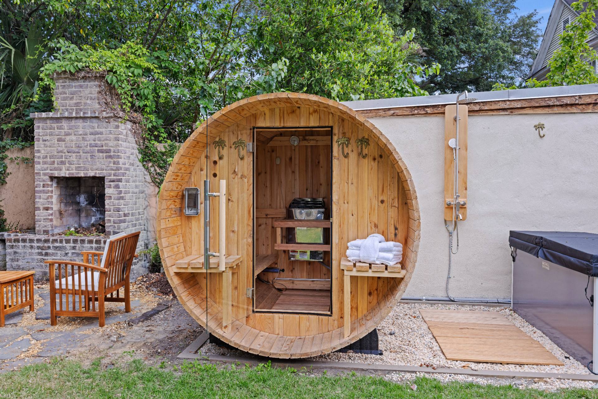 Barrel sauna, cold plunge, and outdoor shower